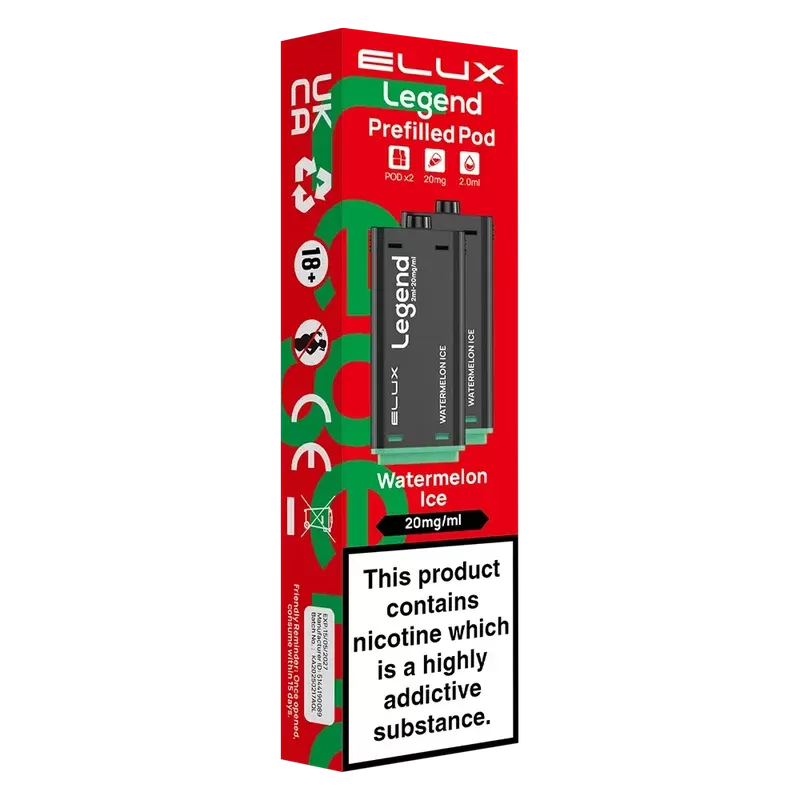 Elux Legend 1500 Prefilled Pods - Flavour#Watermelon Ice>Banana Ice>Menthol>Fruit Fusion>Blueberry Cherry Cranberry>Triple Mango>Fizzy Cherry>Strawberry Raspberry Cherry>Blueberry Sour Raspb