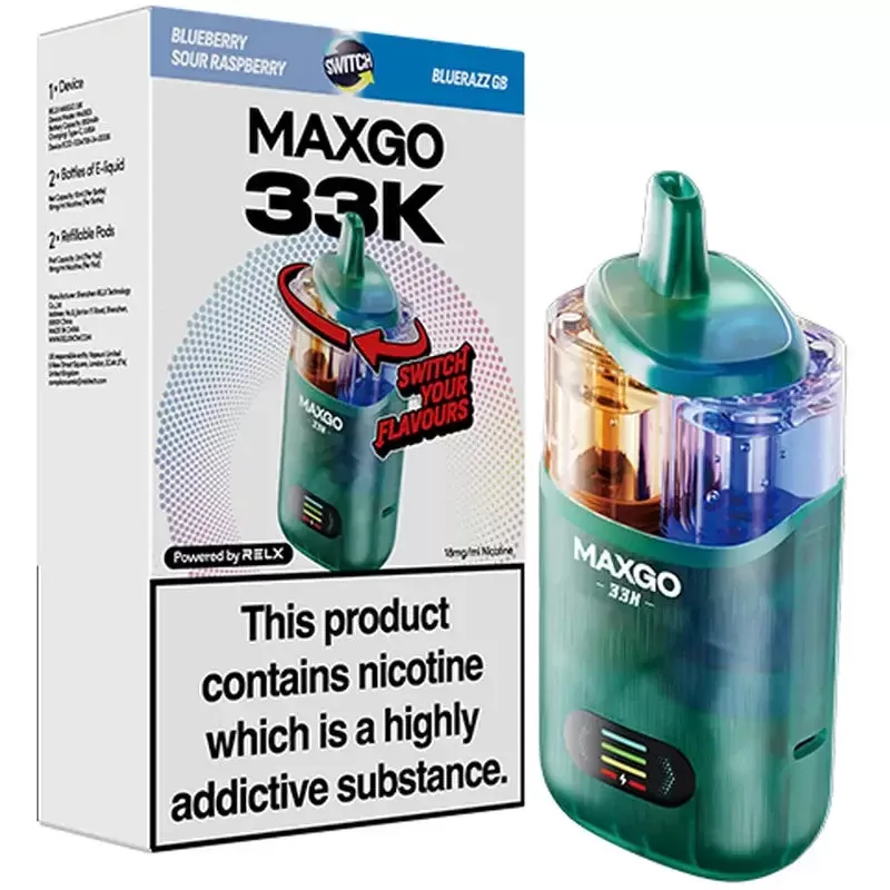 RELX Maxgo Combo 33K Prefilled Vape Kit - Flavour#Cherry Ice + Blueberry Raspberry>Mr. Blue + Blueberry Sour Raspberry>Watermelon Ice + Blueberry Sour Raspberry>Pineapple Ice + Strawberry Ra