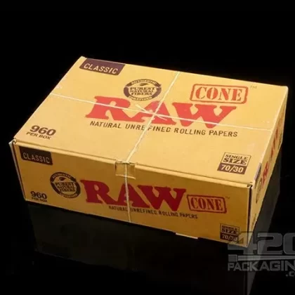 RAW | Classic Single Size Pre-Rolled Cones | 70mm – Unbleached Paper – 960 Count