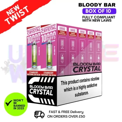 Straw Water Bubblegum Bloody Bar Crystal 10K Puff Box Of 10