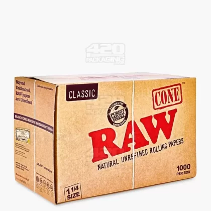 RAW | Classic 1 1/4 Size Pre-Rolled Backrolled Cones | 84mm – Unbleached Paper – 1000 Count