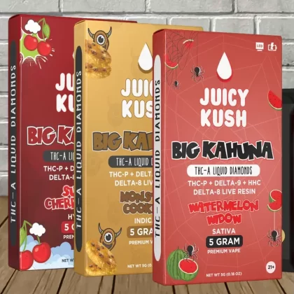 Juicy Kush Big Kahuna THCa Liquid Diamonds Disposable 5g - strain#Alaskan Thunderf*ck (Sativa) DISPOSABLE>Watermelon Widow (Sativa) DISPOSABLE>Super Cherry Boof (Hybrid) DISPOSABLE>Biscotti