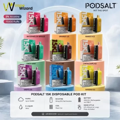 Pod Salt 15000 Puffs Disposable Vape 20mg in the UAE - Banana Ice, Blue Raspberry; Vape Product, Box of 10 Pcs