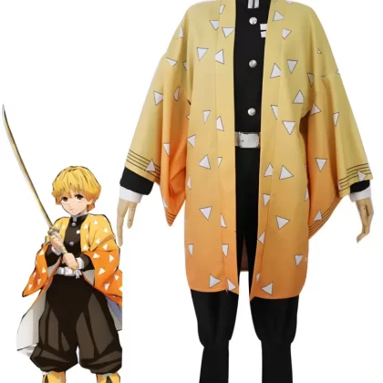 Thunder Breathing Swordsman Agatsuma Zenitsu Cosplay Costume - Yellow Haori Demon Hunter Outfit