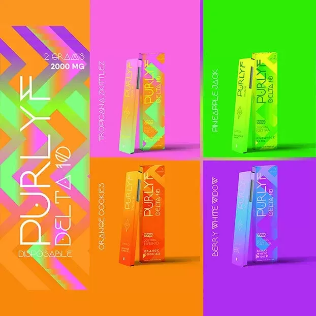 Purlyf | Delta 10 THC Rechargeable Disposables – 2g - Strain#Orange Cookies - Hybrid>Berry White Widow - Sativa>Tropical Zkittlez - Indica>Pineapple Jack - Sativa