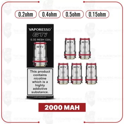 VAPORESSO GTi Replacement Coils – 5PK - Dual Mesh 0.4 Ohms, Dual Mesh 0.2 Ohms (6B90F0)