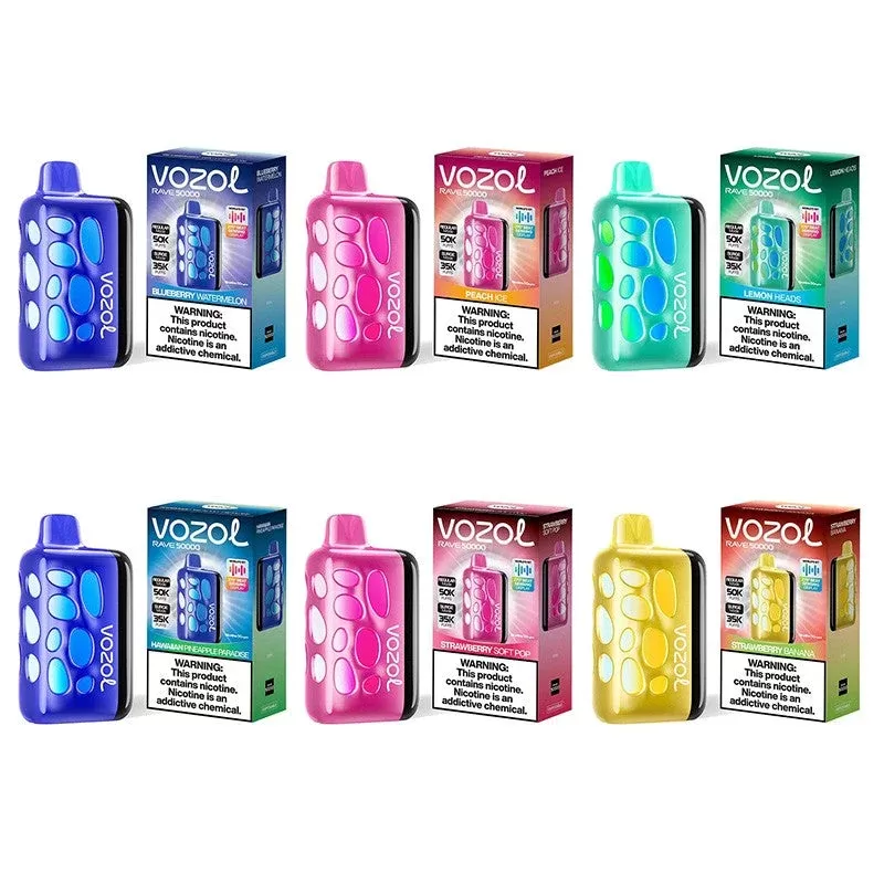 VOZOL Rave 50K Disposable Vape 5% - flavor#Banana Taffy>Blueberry Watermelon>Hawaiian Pineapple Paradise>Lemon Heads>Peach Ice>Strawberry Banana>Strawberry Soft Pop