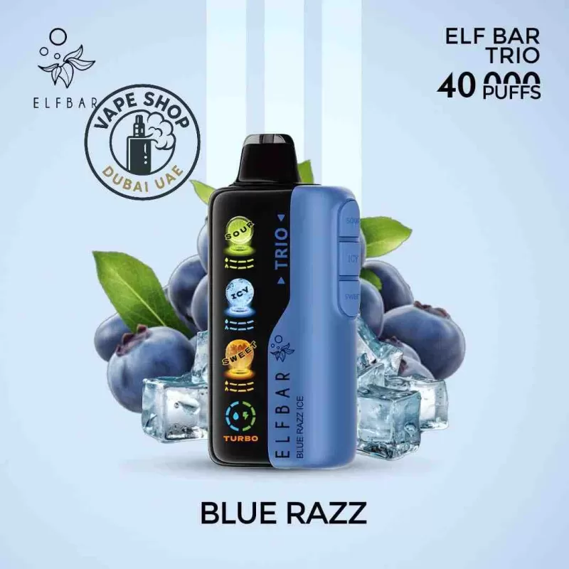 Elfbar trio up to 40000 puffs 50mg nicotine 4 mesh coil Disposable Vape buy in Dubai - Vape Product, BOX OF 10 PCS; Blue Razz Ice, Blueberry Ice - Image 2